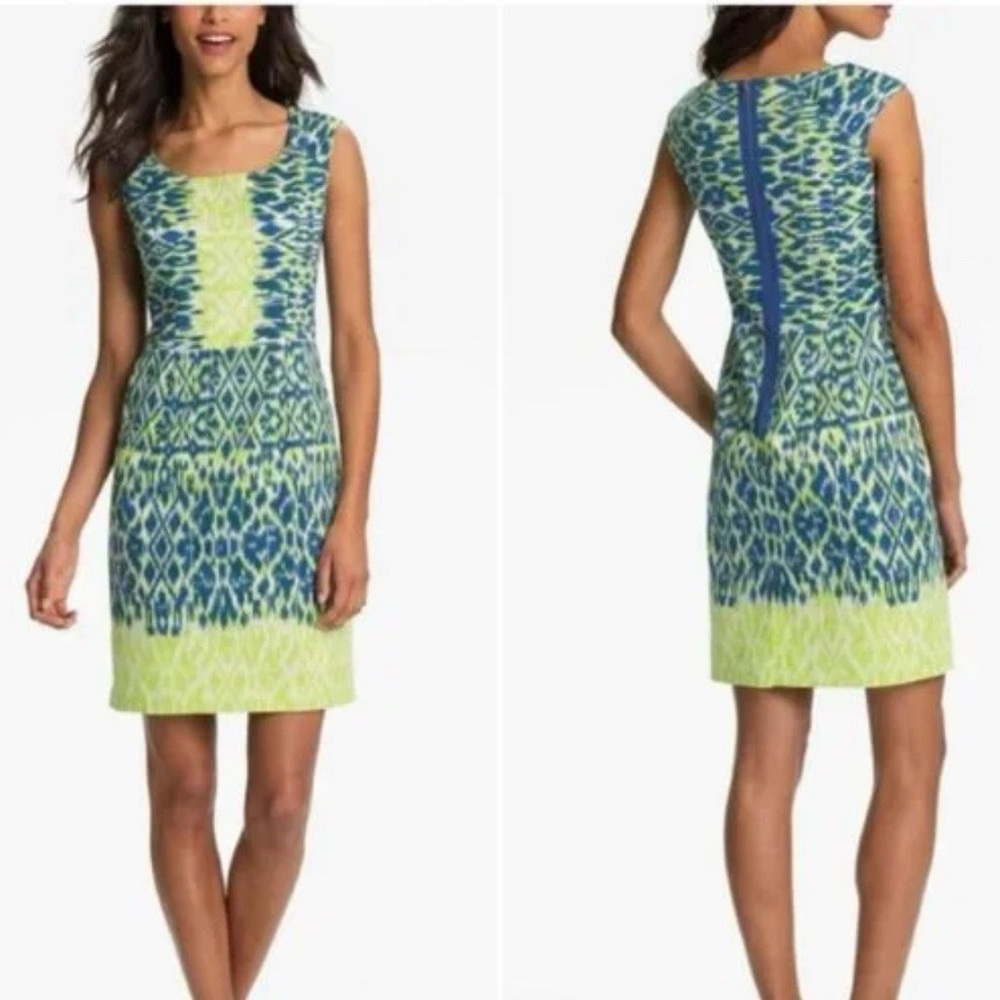 Adrianna Papell Sleeveless Blue and Green Ikat Shift Dress